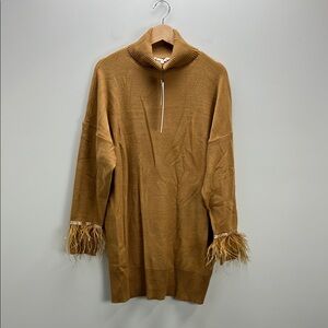 Wayf X Jourdan Sloan Knit Sweater Dress Feather Cuff Tan Camel Womens Small NWT
